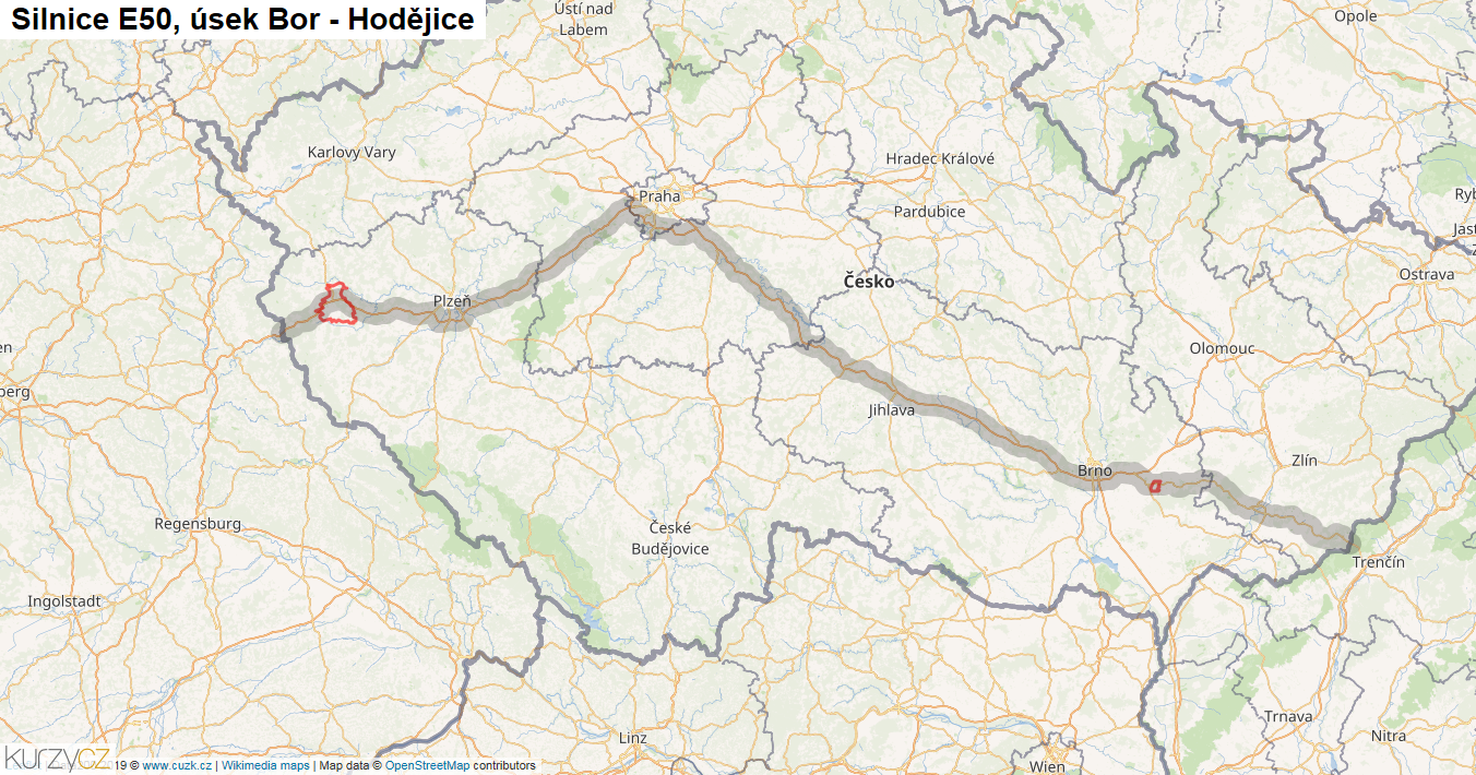 Úsek Bor - Hodějice, Silnice E50 - Mapa