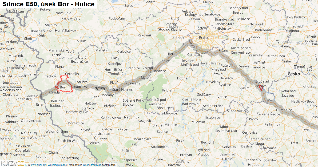 Úsek Bor - Hulice, Silnice E50 - Mapa