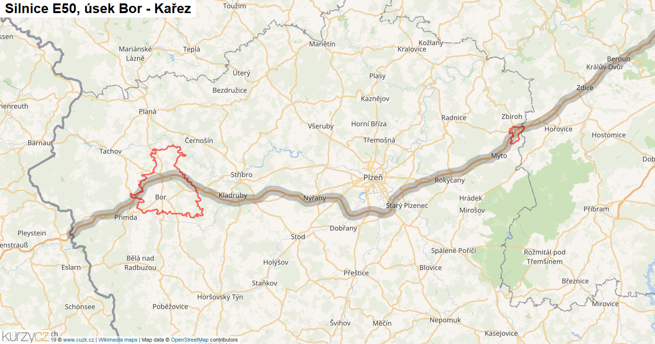 Úsek Bor - Kařez, Silnice E50 - Mapa