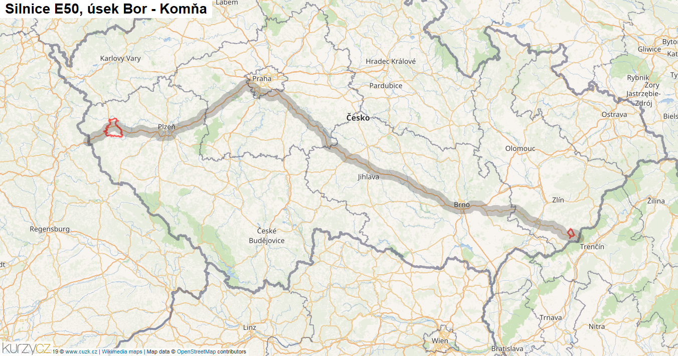 Úsek Bor - Komňa, Silnice E50 - Mapa