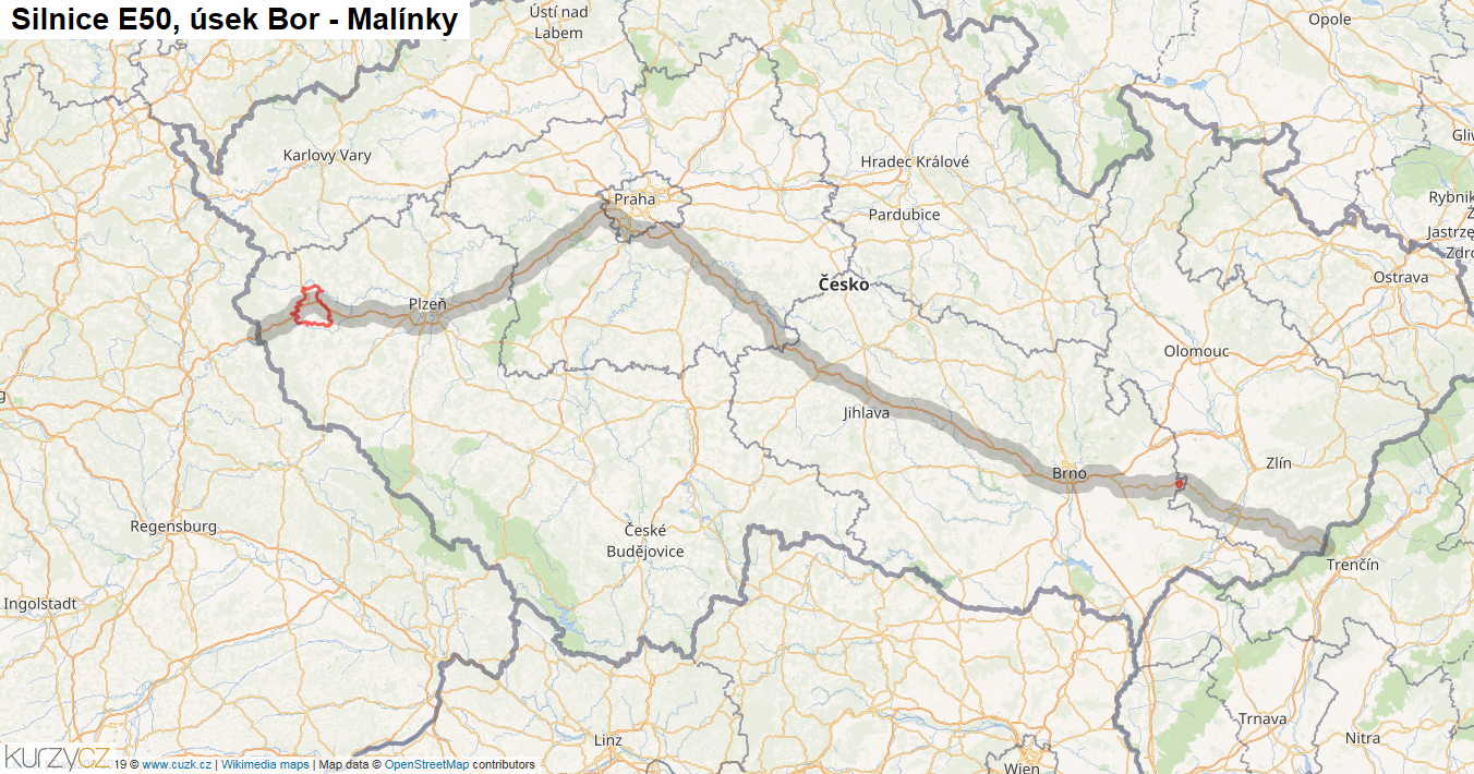 Úsek Bor - Malínky, Silnice E50 - Mapa