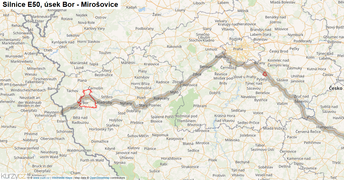 Úsek Bor - Mirošovice, Silnice E50 - Mapa