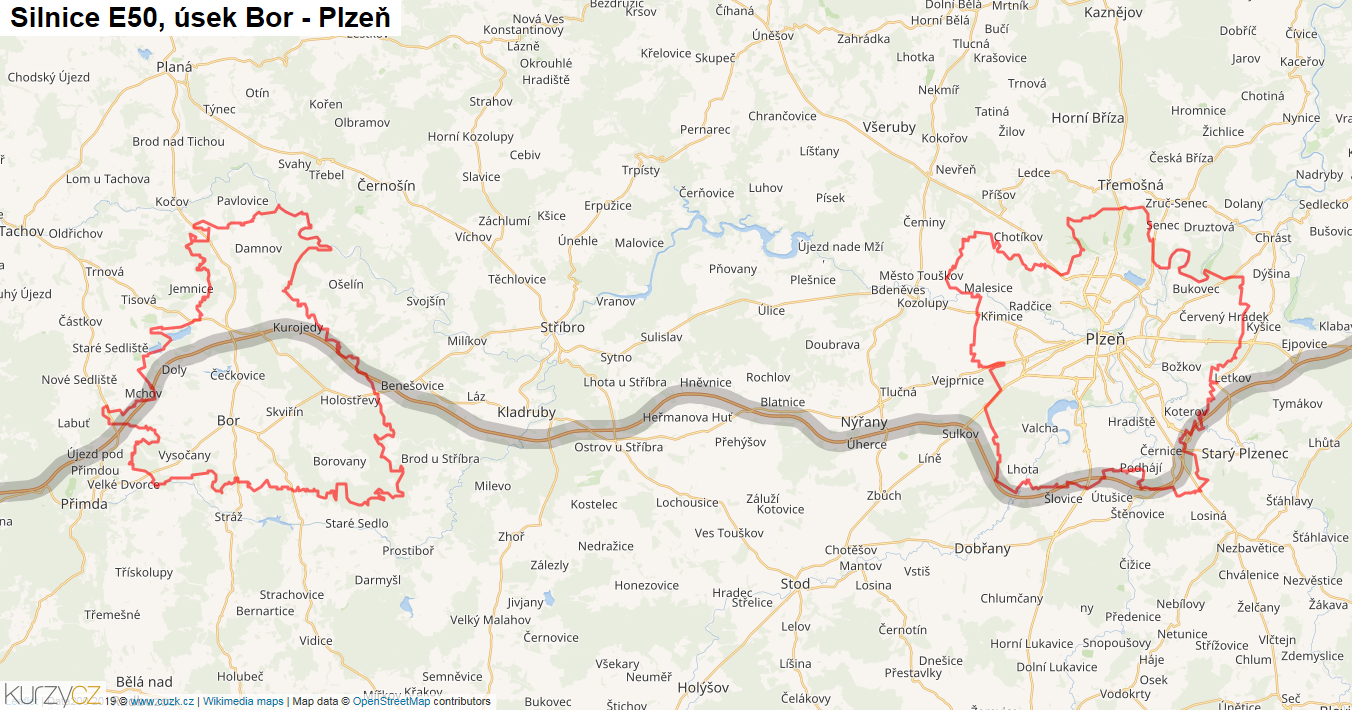 Úsek Bor - Plzeň, Silnice E50 - Mapa