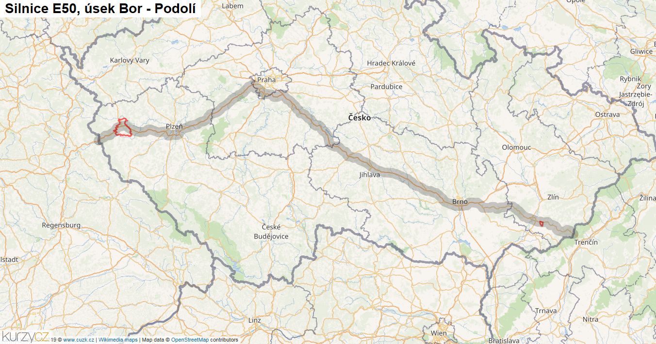 Úsek Bor - Podolí, Silnice E50 - Mapa