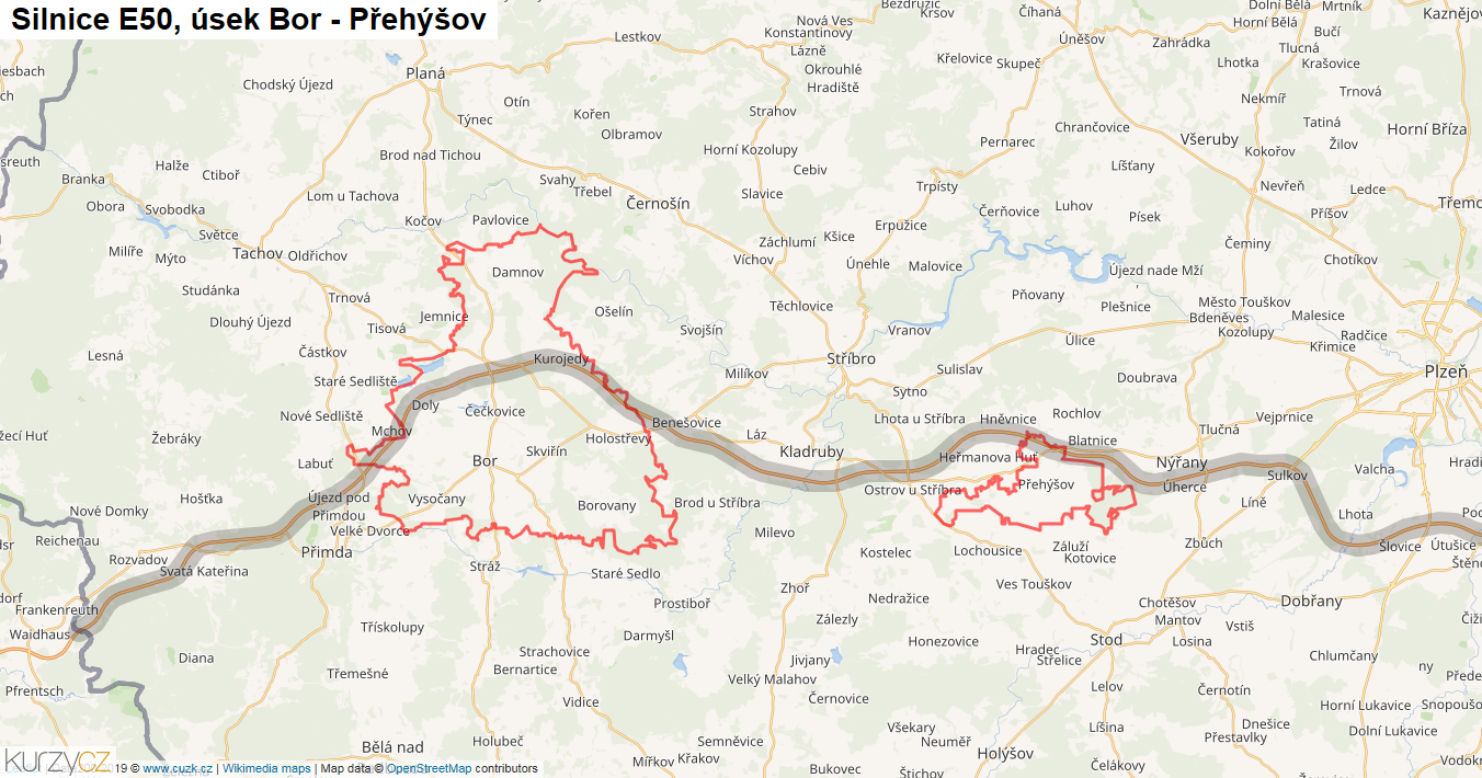 Úsek Bor - Přehýšov, Silnice E50 - Mapa