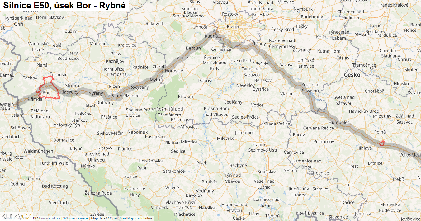 Úsek Bor - Rybné, Silnice E50 - Mapa