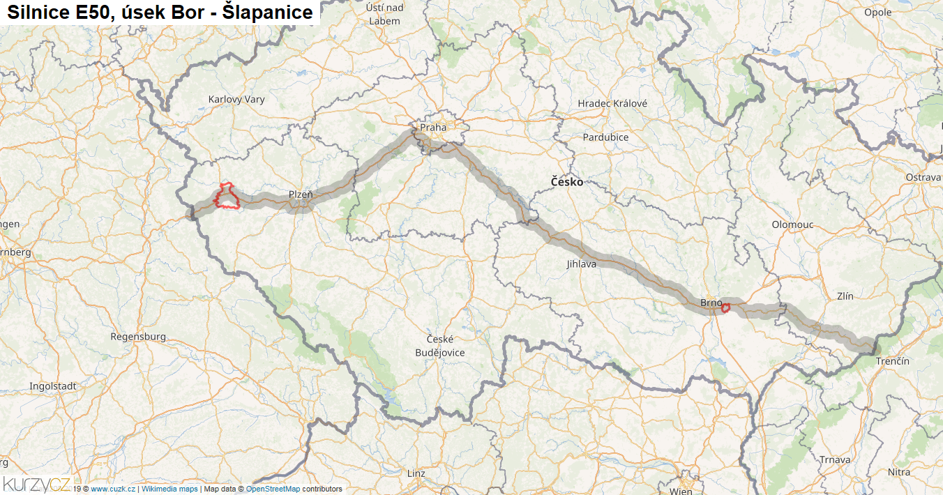 Úsek Bor - Šlapanice, Silnice E50 - Mapa