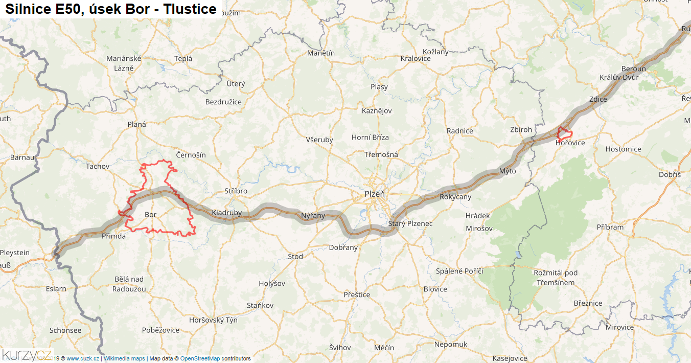 Úsek Bor - Tlustice, Silnice E50 - Mapa