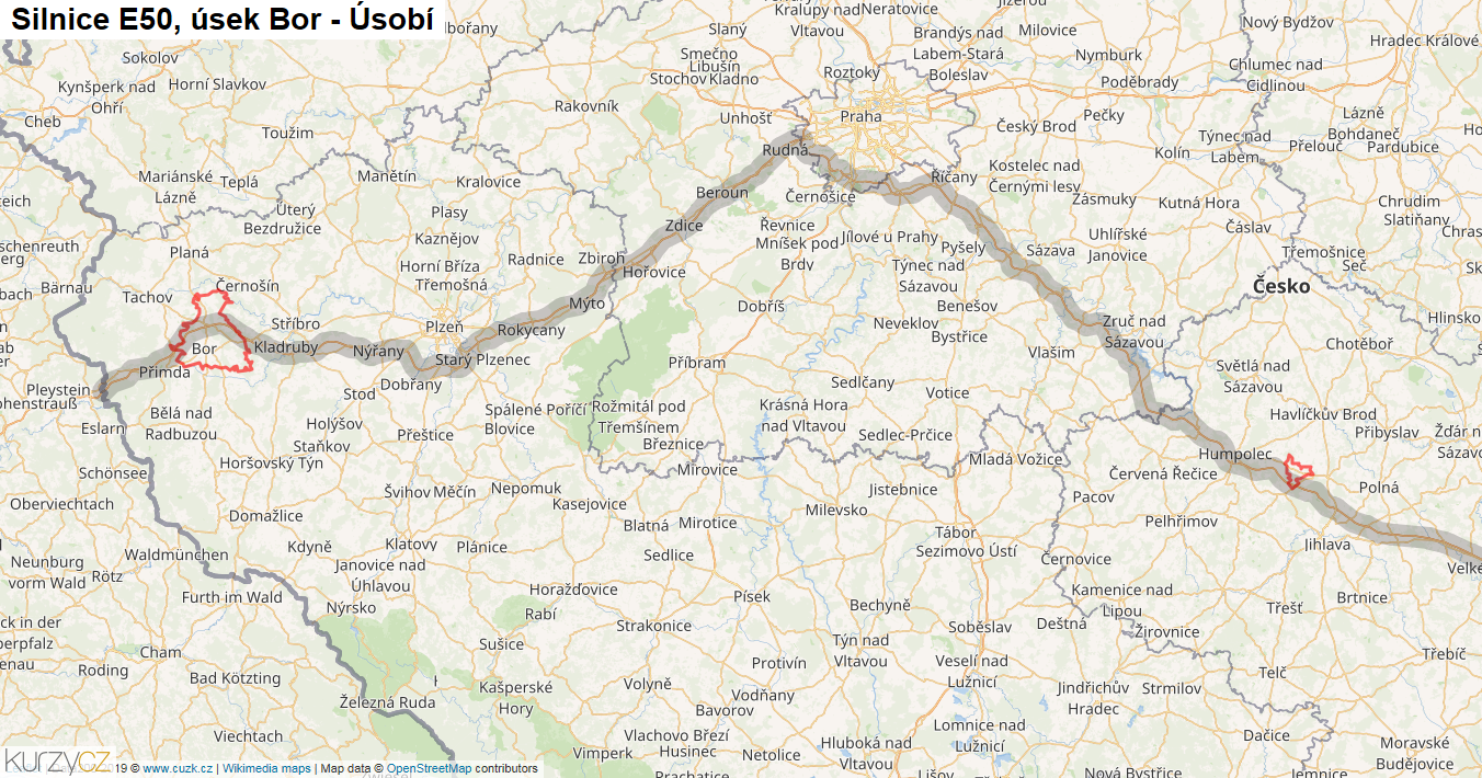 Úsek Bor - Úsobí, Silnice E50 - Mapa