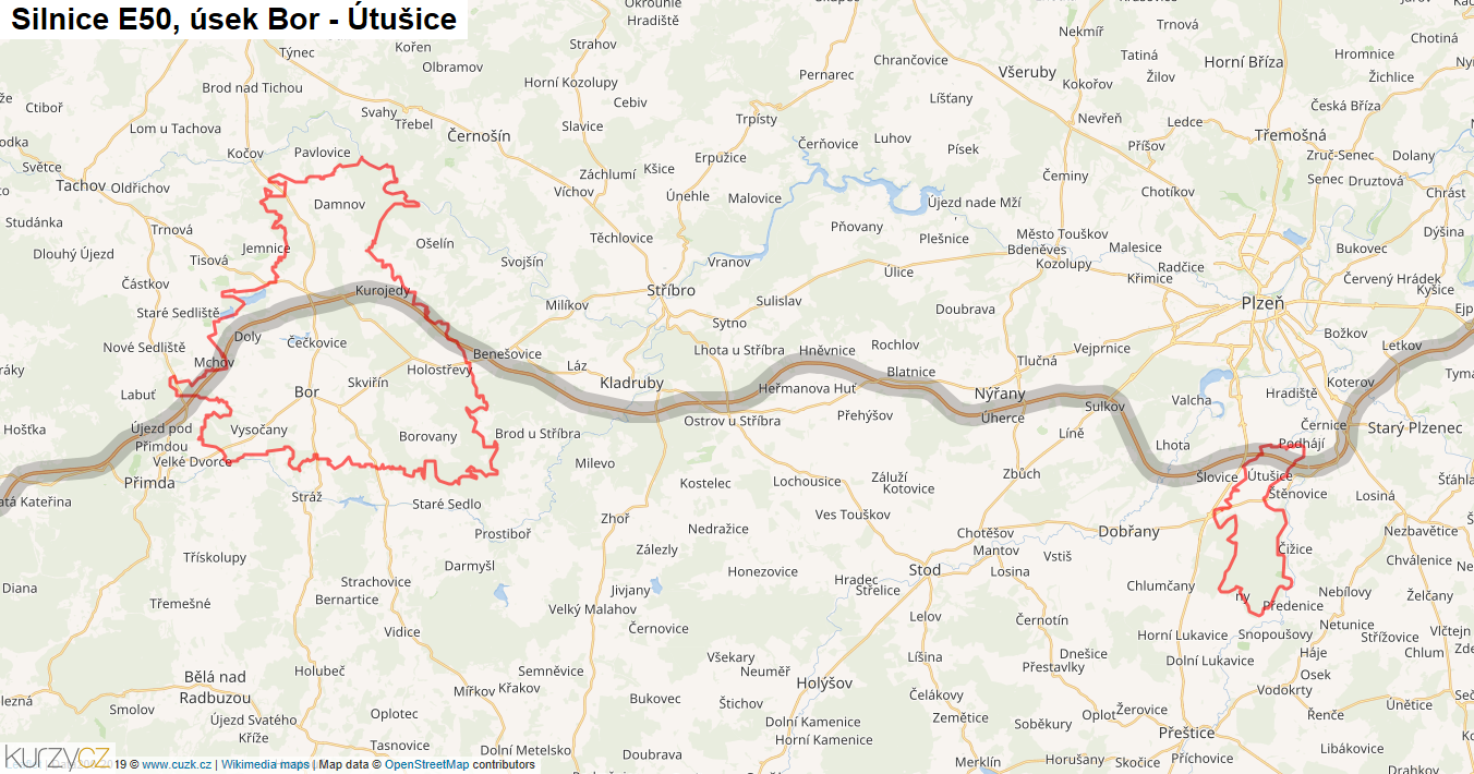 Úsek Bor - Útušice, Silnice E50 - Mapa
