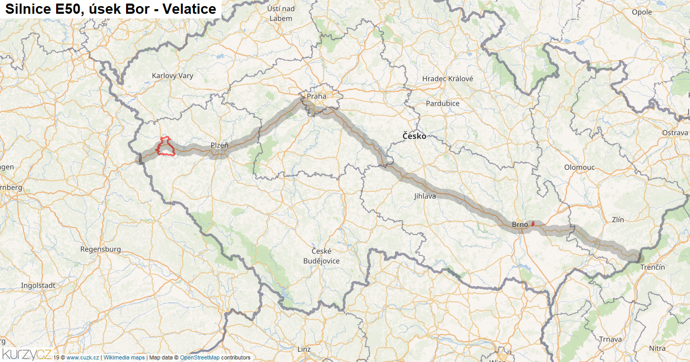 Úsek Bor - Velatice, Silnice E50 - Mapa