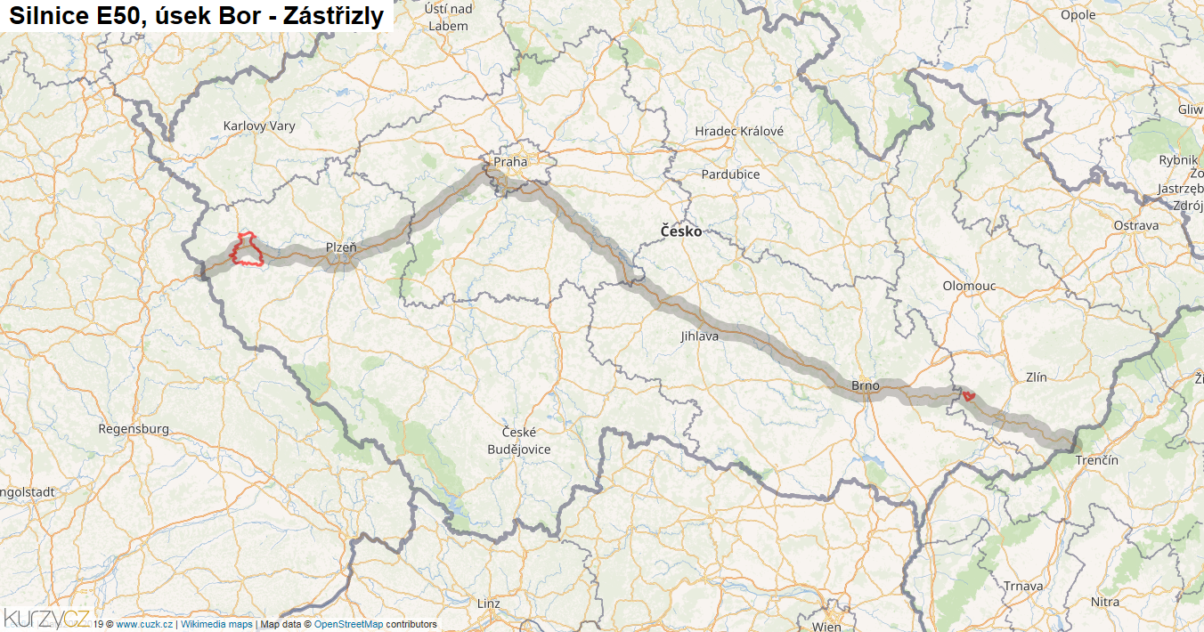 Úsek Bor - Zástřizly, Silnice E50 - Mapa