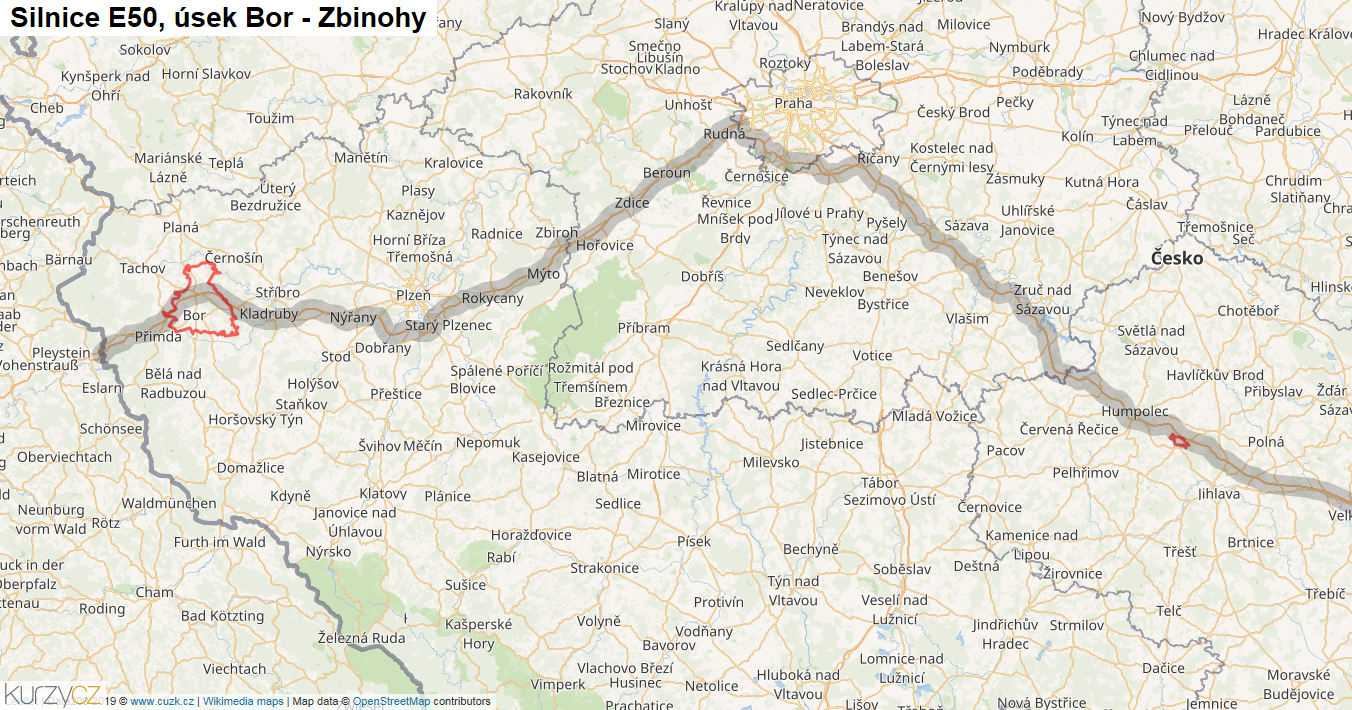 Úsek Bor - Zbinohy, Silnice E50 - Mapa