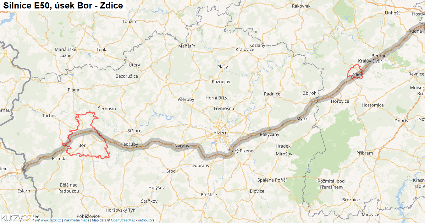 Úsek Bor - Zdice, Silnice E50 - Mapa