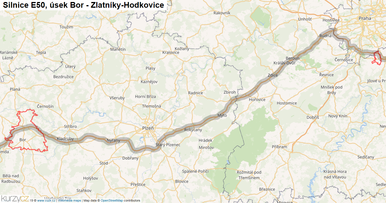 Úsek Bor - Zlatníky-Hodkovice, Silnice E50 - Mapa