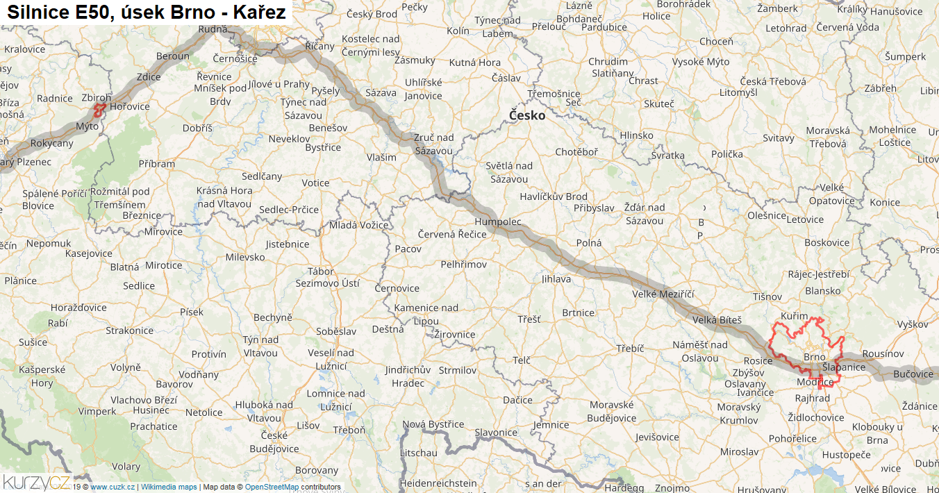 Úsek Brno - Kařez, Silnice E50 - Mapa