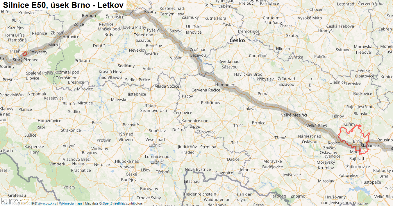Úsek Brno - Letkov, Silnice E50 - Mapa