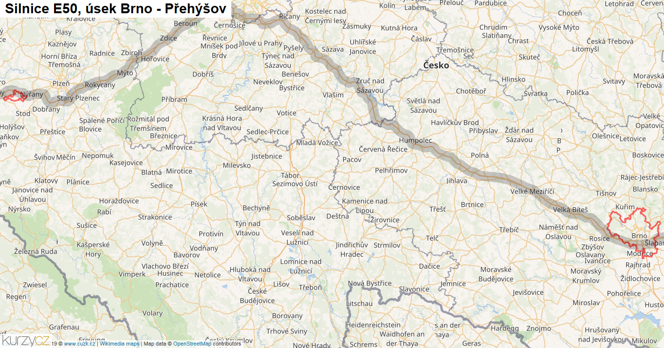 Úsek Brno - Přehýšov, Silnice E50 - Mapa