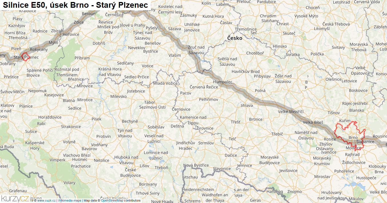 Úsek Brno - Starý Plzenec, Silnice E50 - Mapa
