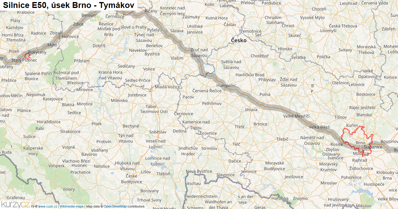 Úsek Brno - Tymákov, Silnice E50 - Mapa