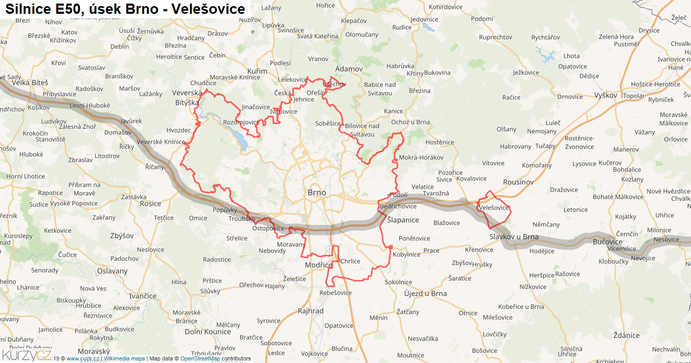 Úsek Brno - Velešovice, Silnice E50 - Mapa