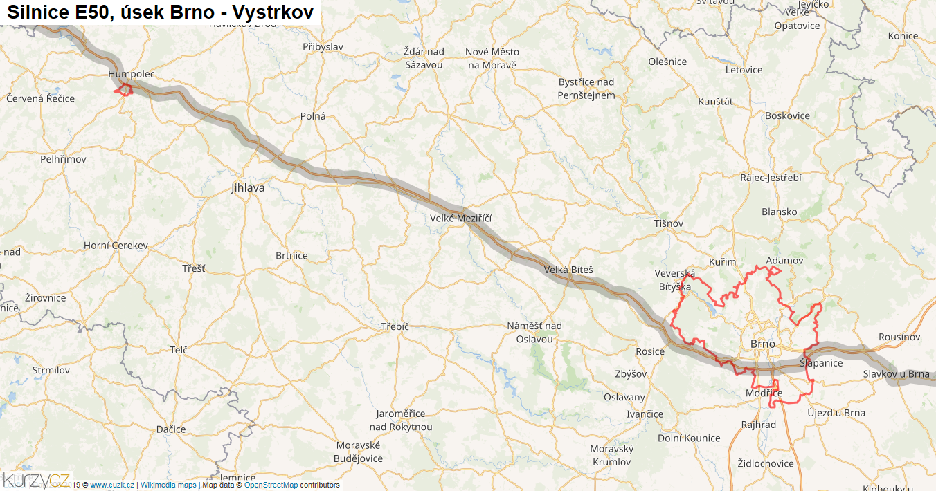 Úsek Brno - Vystrkov, Silnice E50 - Mapa
