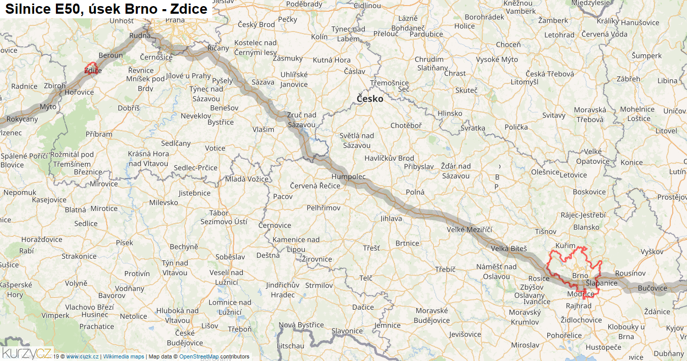 Úsek Brno - Zdice, Silnice E50 - Mapa