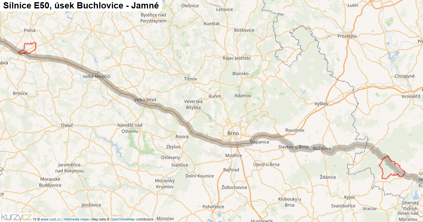 Úsek Buchlovice - Jamné, Silnice E50 - Mapa