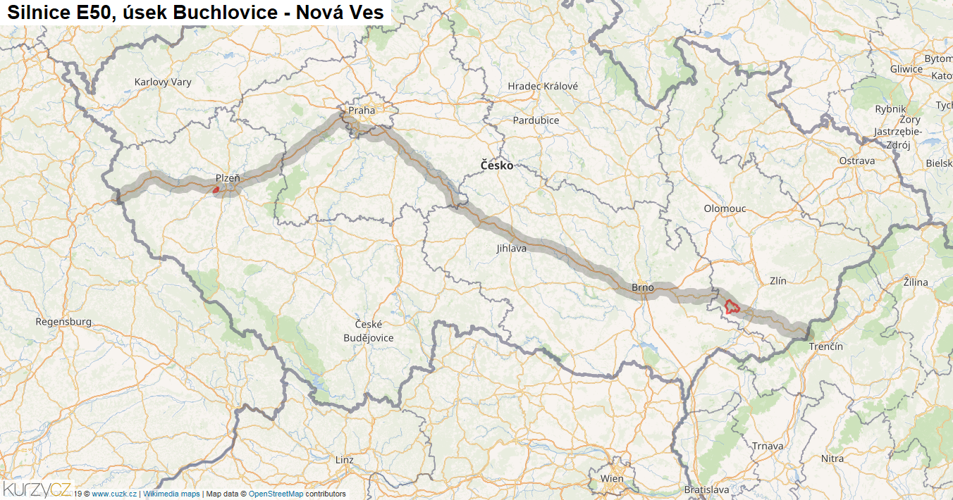 Úsek Buchlovice - Nová Ves, Silnice E50 - Mapa