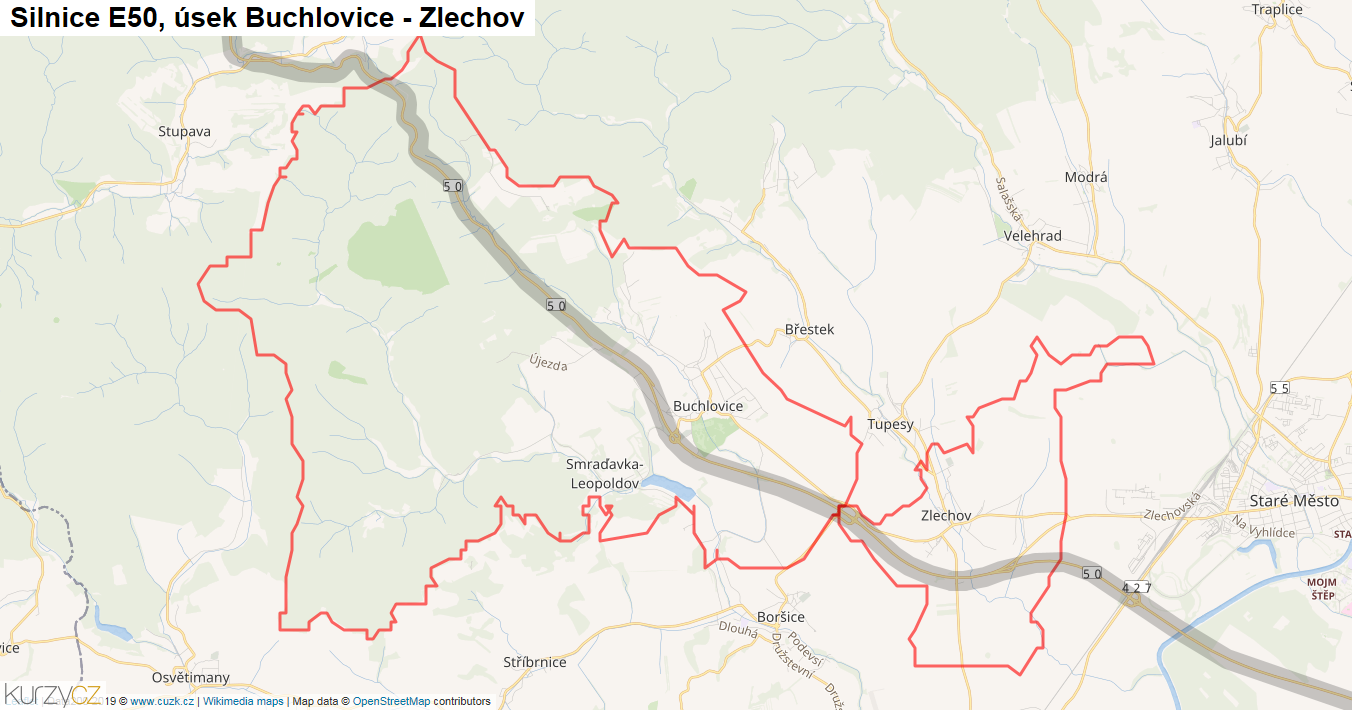 Úsek Buchlovice - Zlechov, Silnice E50 - Mapa