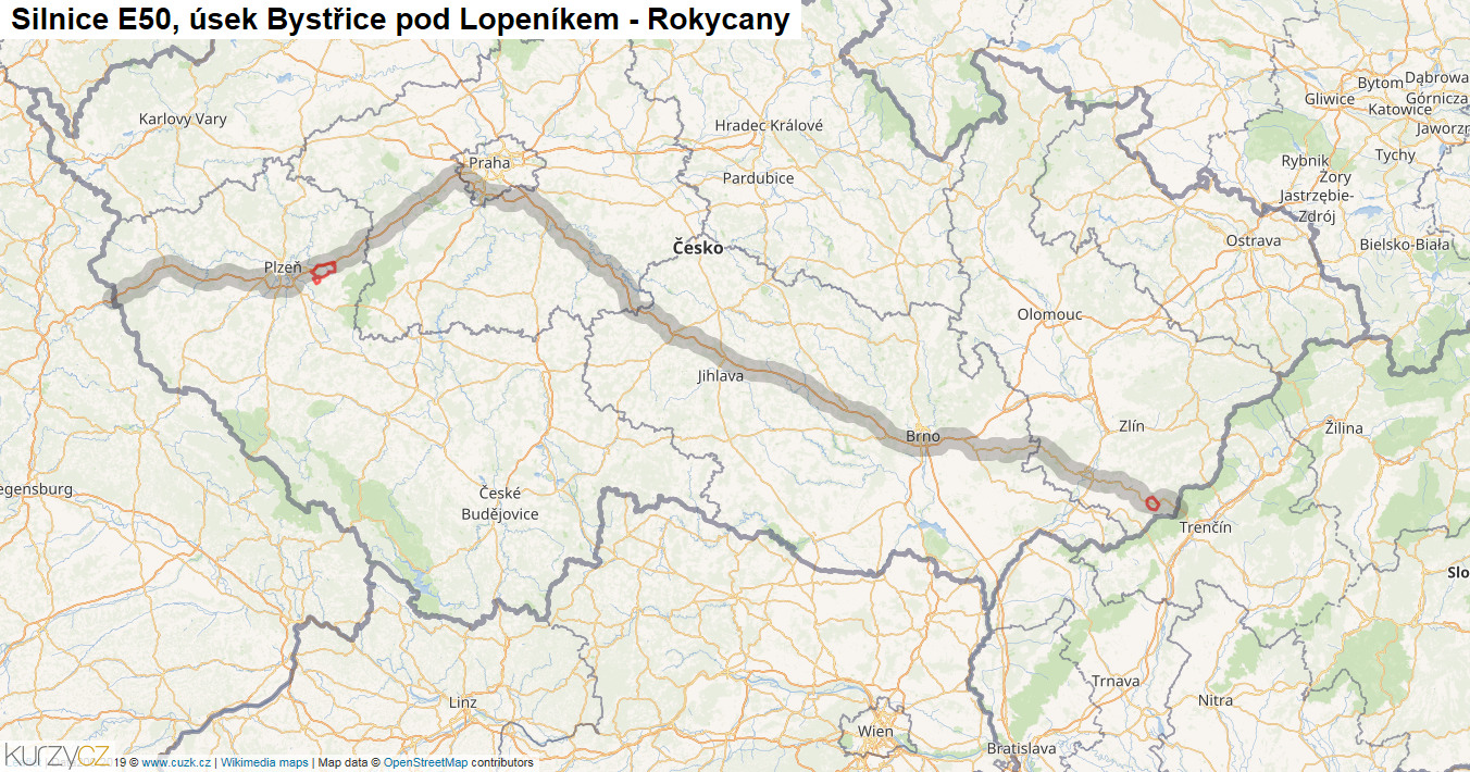 Úsek Bystřice pod Lopeníkem - Rokycany, Silnice E50 - Mapa