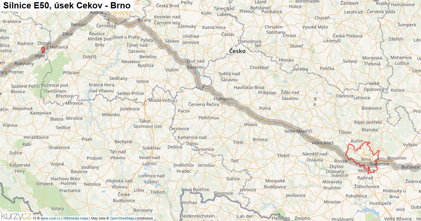 Úsek Cekov - Brno, Silnice E50 - Mapa