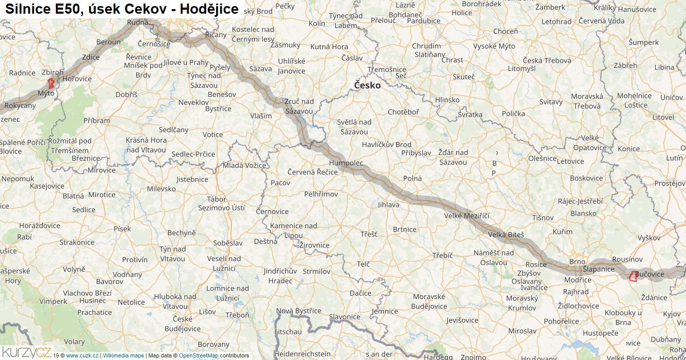 Úsek Cekov - Hodějice, Silnice E50 - Mapa