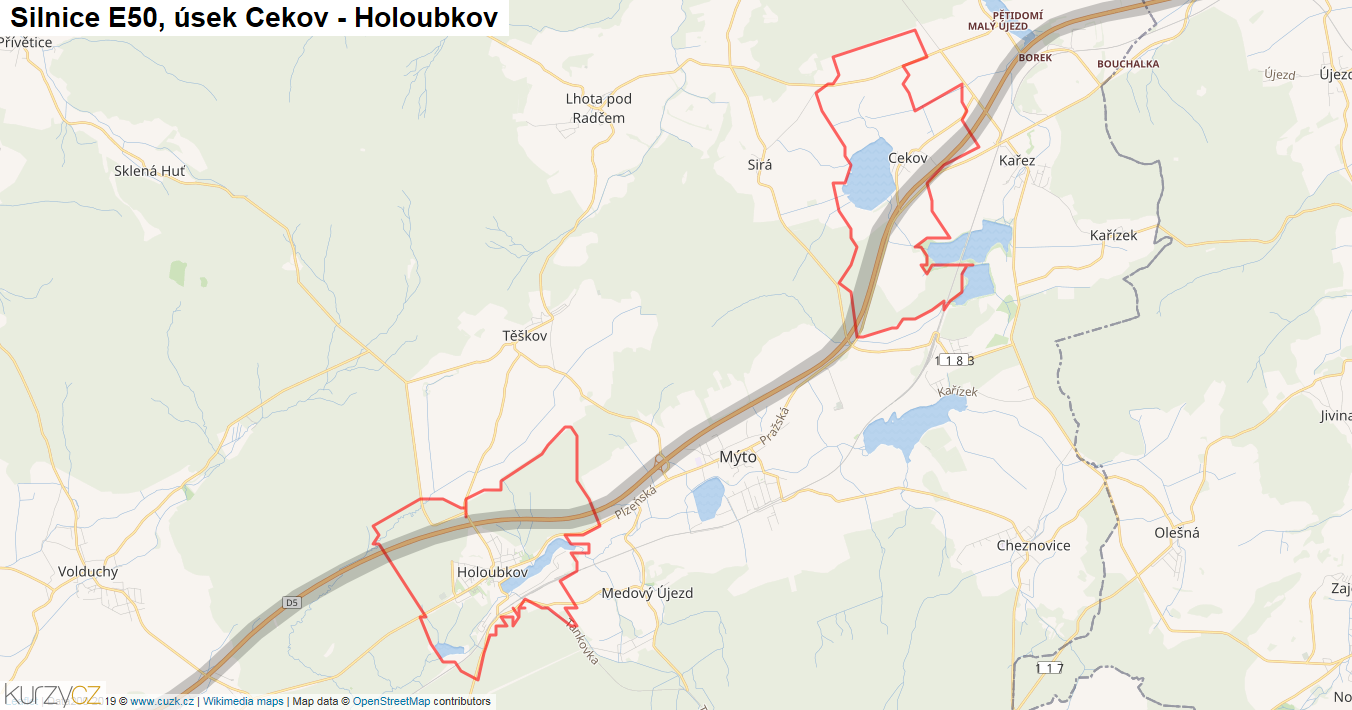 Úsek Cekov - Holoubkov, Silnice E50 - Mapa
