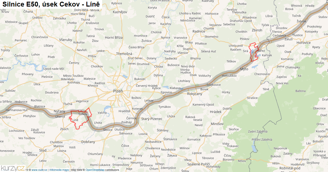 Úsek Cekov - Líně, Silnice E50 - Mapa
