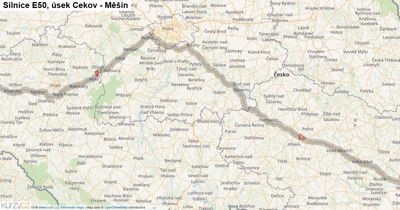 Úsek Cekov - Měšín, Silnice E50 - Mapa