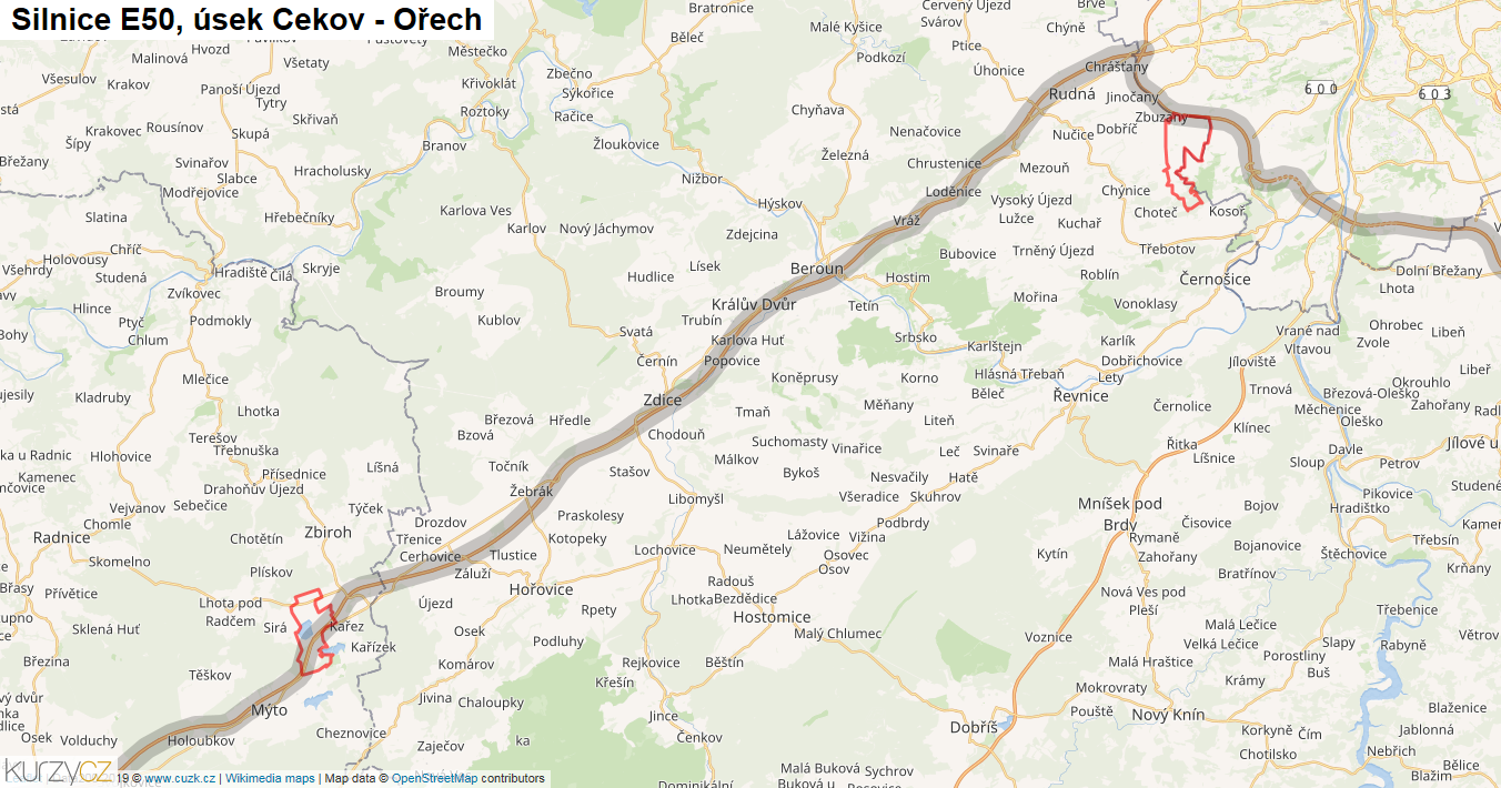Úsek Cekov - Ořech, Silnice E50 - Mapa