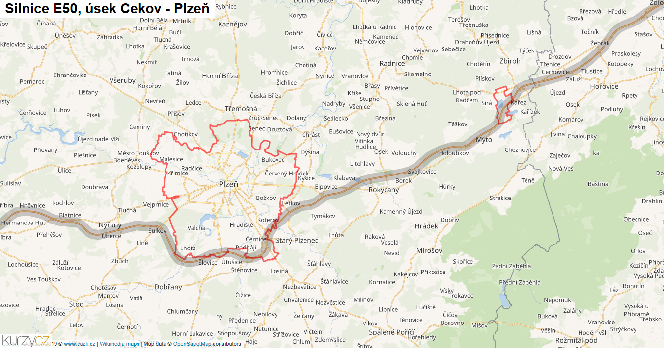 Úsek Cekov - Plzeň, Silnice E50 - Mapa