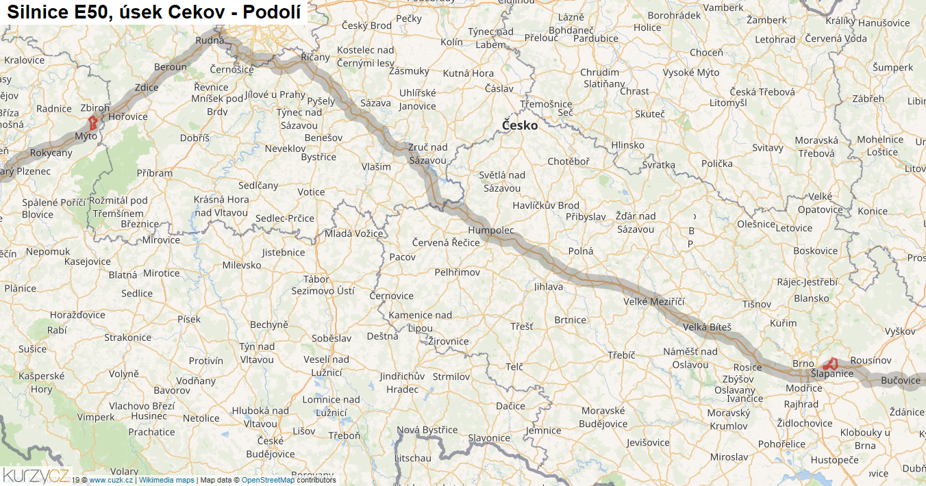 Úsek Cekov - Podolí, Silnice E50 - Mapa
