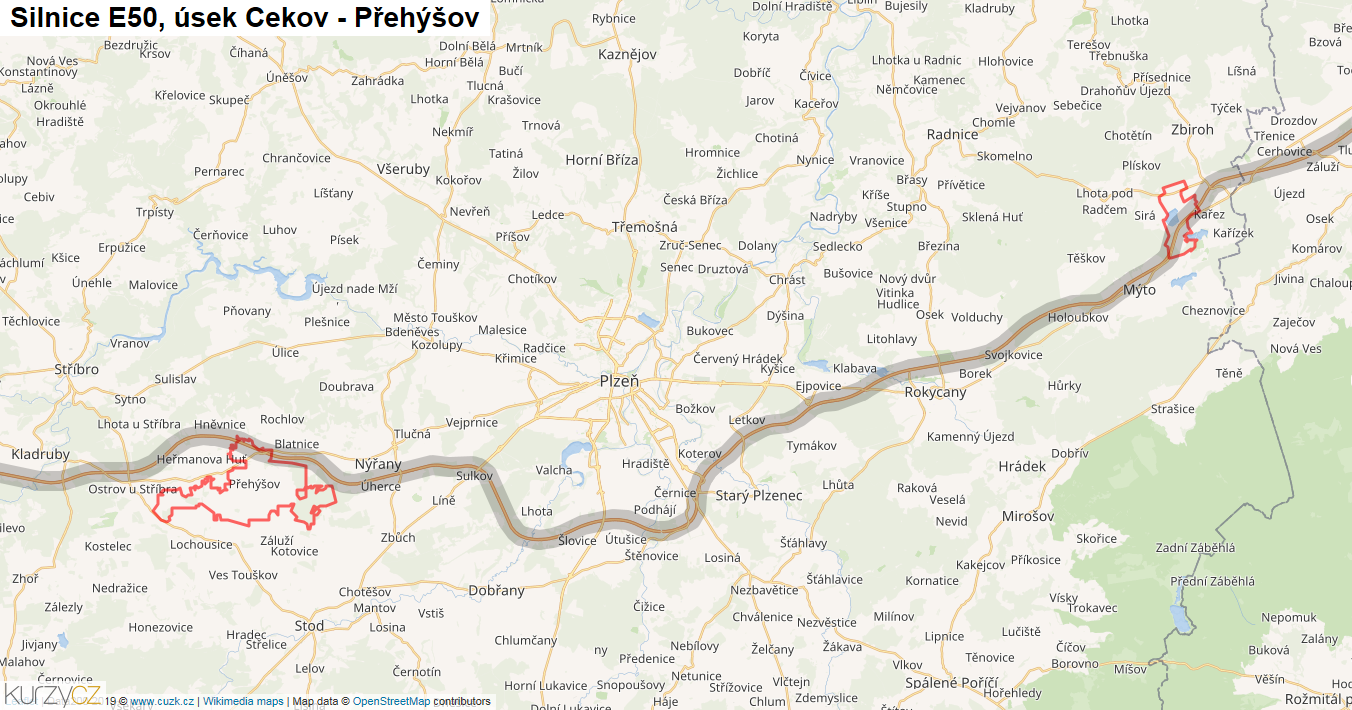 Úsek Cekov - Přehýšov, Silnice E50 - Mapa