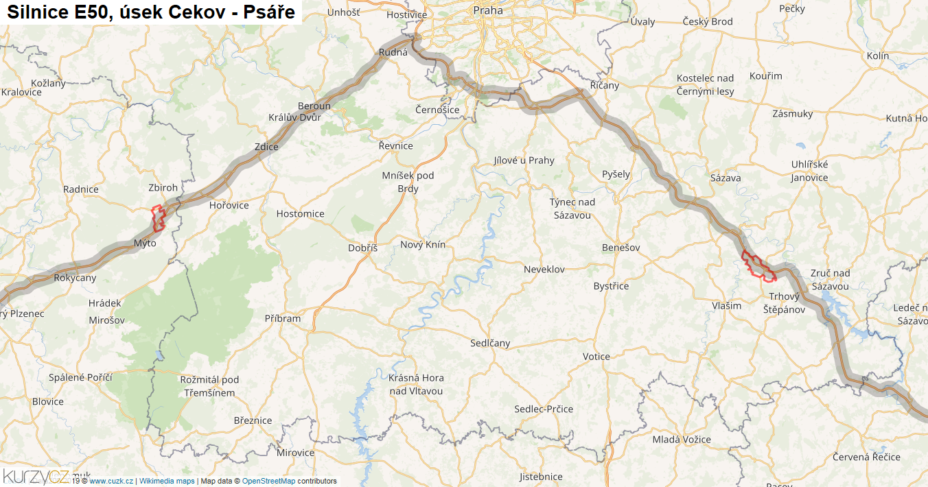 Úsek Cekov - Psáře, Silnice E50 - Mapa