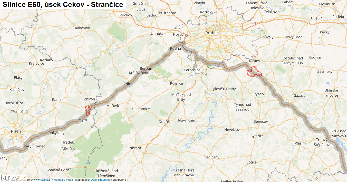 Úsek Cekov - Strančice, Silnice E50 - Mapa
