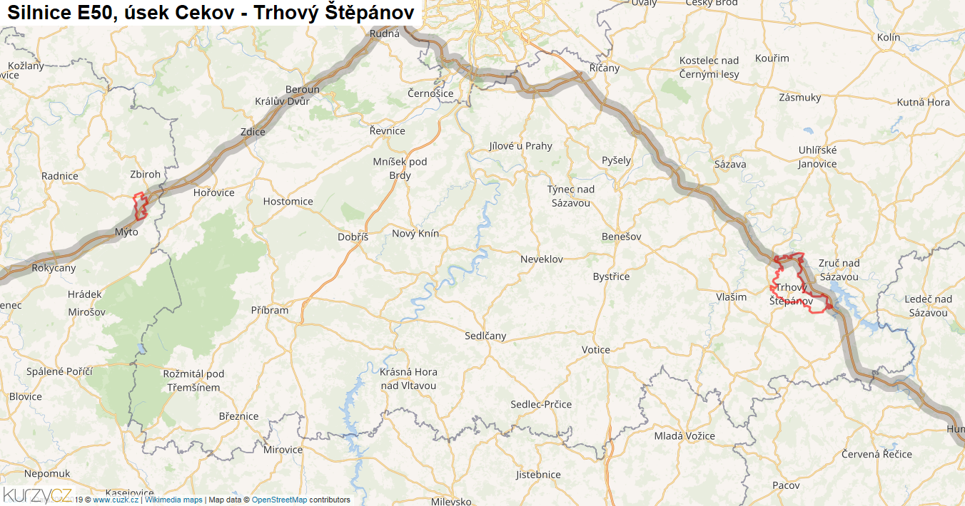 Úsek Cekov - Trhový Štěpánov, Silnice E50 - Mapa