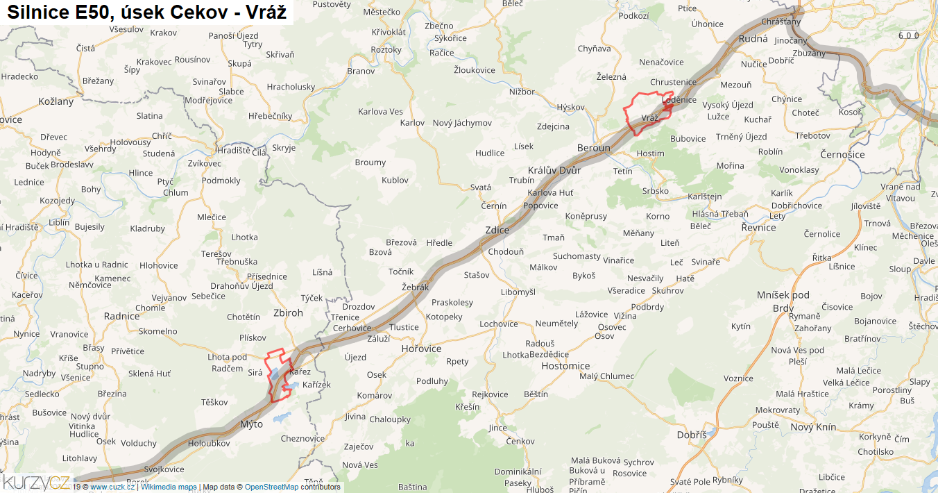 Úsek Cekov - Vráž, Silnice E50 - Mapa