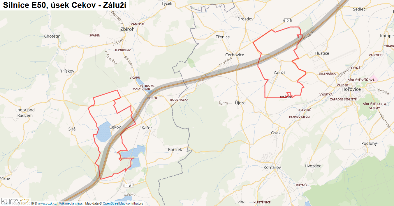 Úsek Cekov - Záluží, Silnice E50 - Mapa