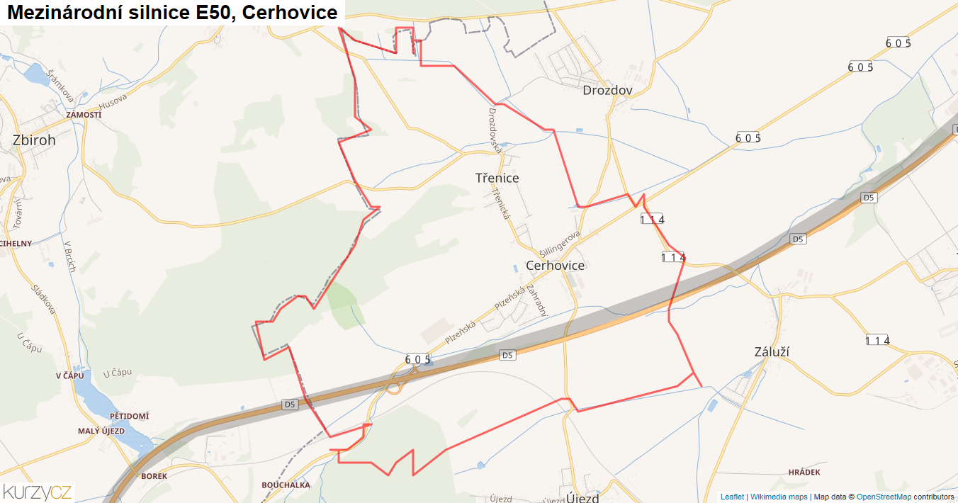 Cerhovice, Silnice E50 - Mapa