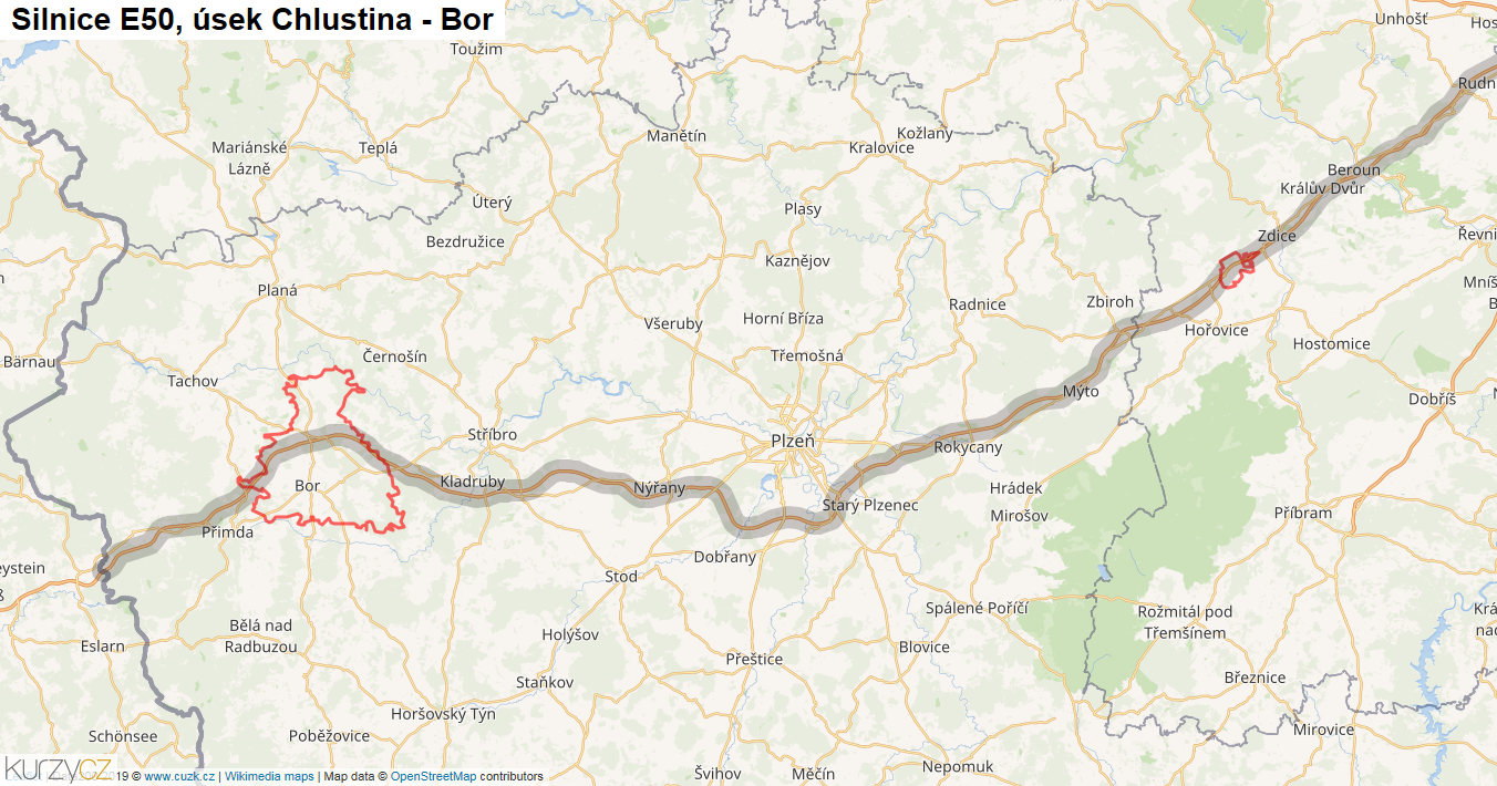 Úsek Chlustina - Bor, Silnice E50 - Mapa
