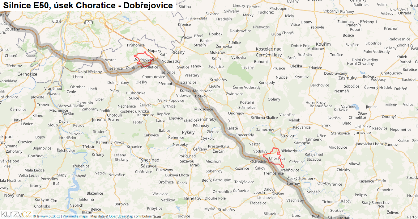 Úsek Choratice - Dobřejovice, Silnice E50 - Mapa