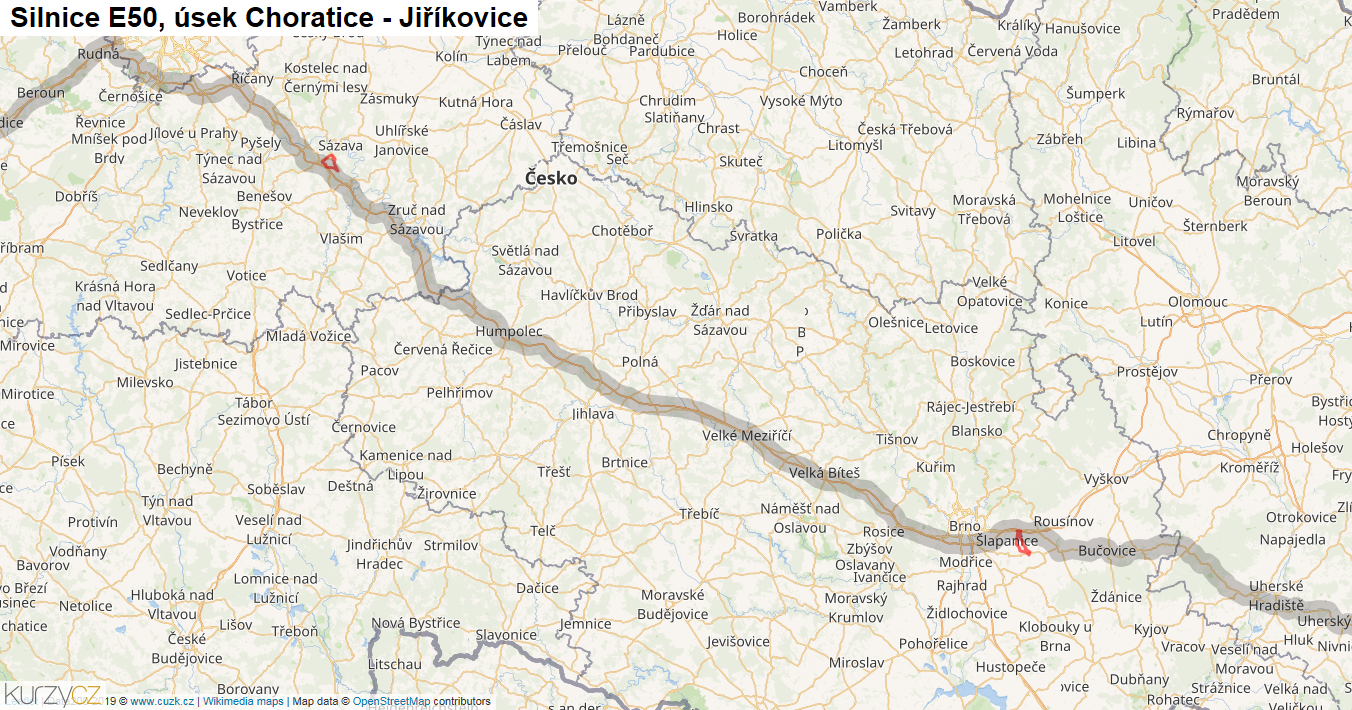 Úsek Choratice - Jiříkovice, Silnice E50 - Mapa