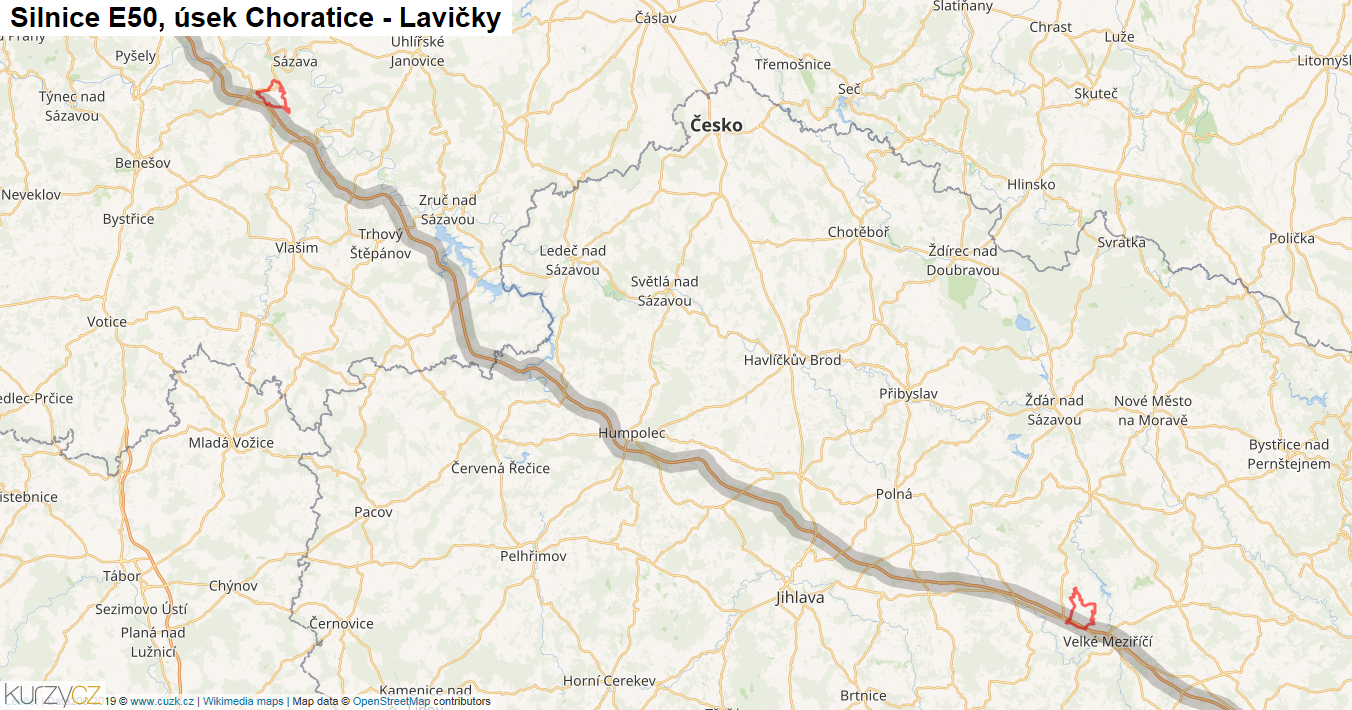 Úsek Choratice - Lavičky, Silnice E50 - Mapa